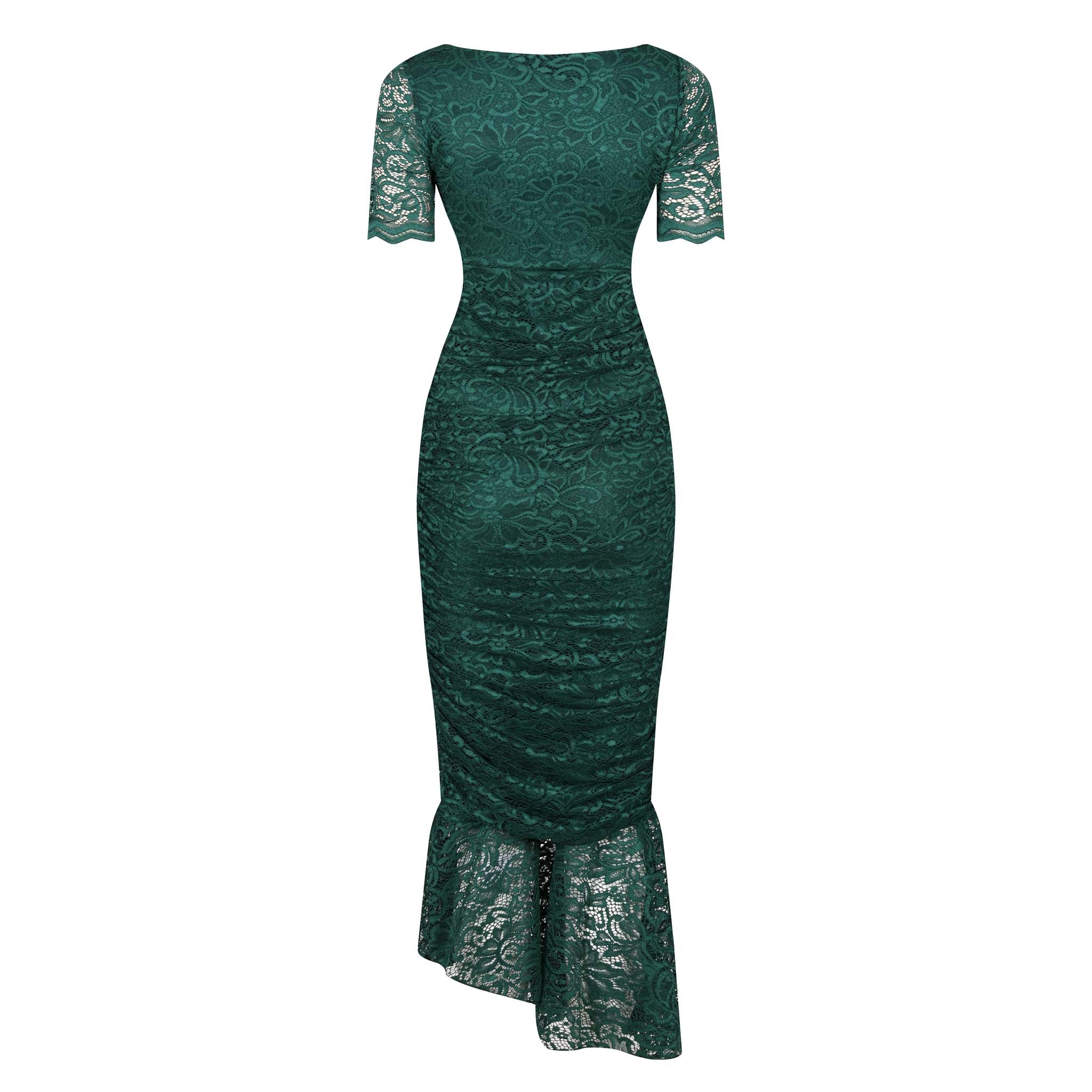 Emerald Green Ruched Lace Maxi Dress