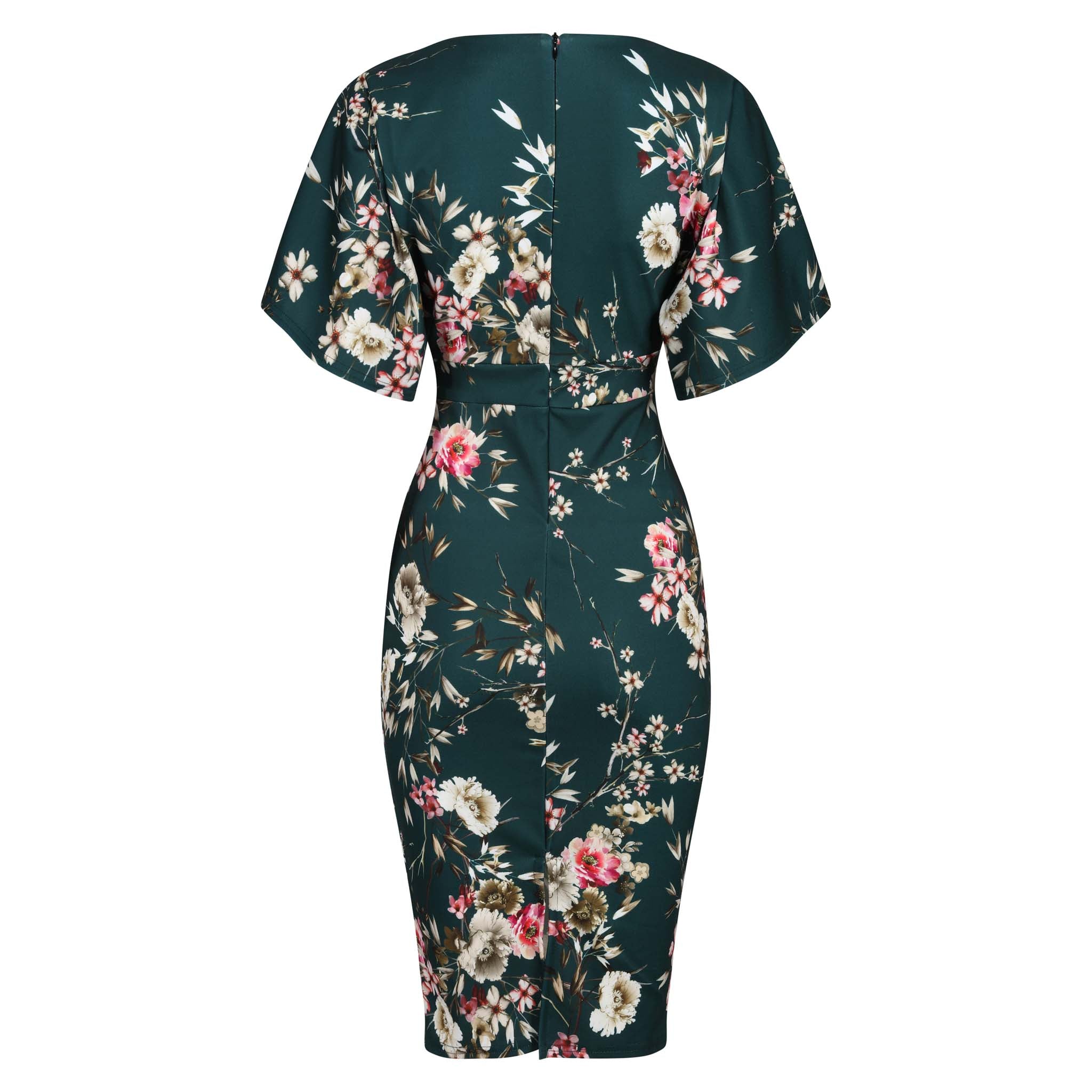 Forest Green Floral Half Batwing Sleeve Crossover Top Pencil Dress