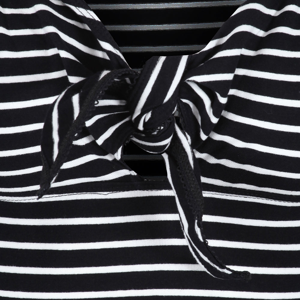 Black White Stripe Tie Front Short Sleeve Retro Top - Pretty Kitty Fashion