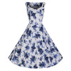 White and Blue Vintage Floral Blossom Rockabilly Swing Dress