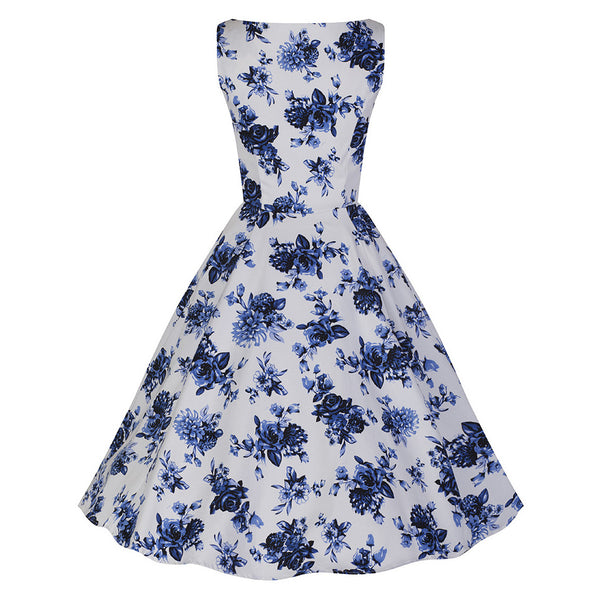 White and Blue Vintage Floral Blossom Rockabilly Swing Dress - Pretty ...