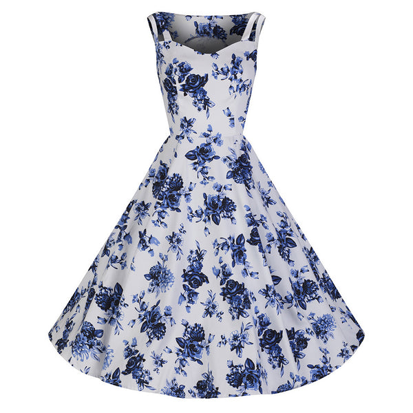 White and Blue Vintage Floral Blossom Rockabilly Swing Dress - Pretty ...