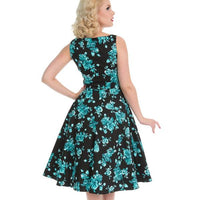 Black and Blue Floral Print Rockabilly 50s Swing Dress - Pretty Kitty Fashion