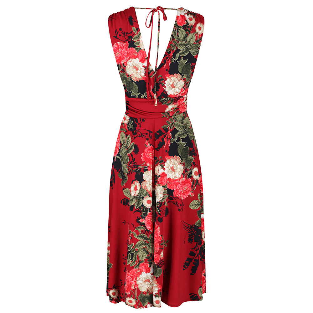 Red Floral Print V Neck Crossover Wrap Top Empire Waist Swing Dress - Pretty Kitty Fashion