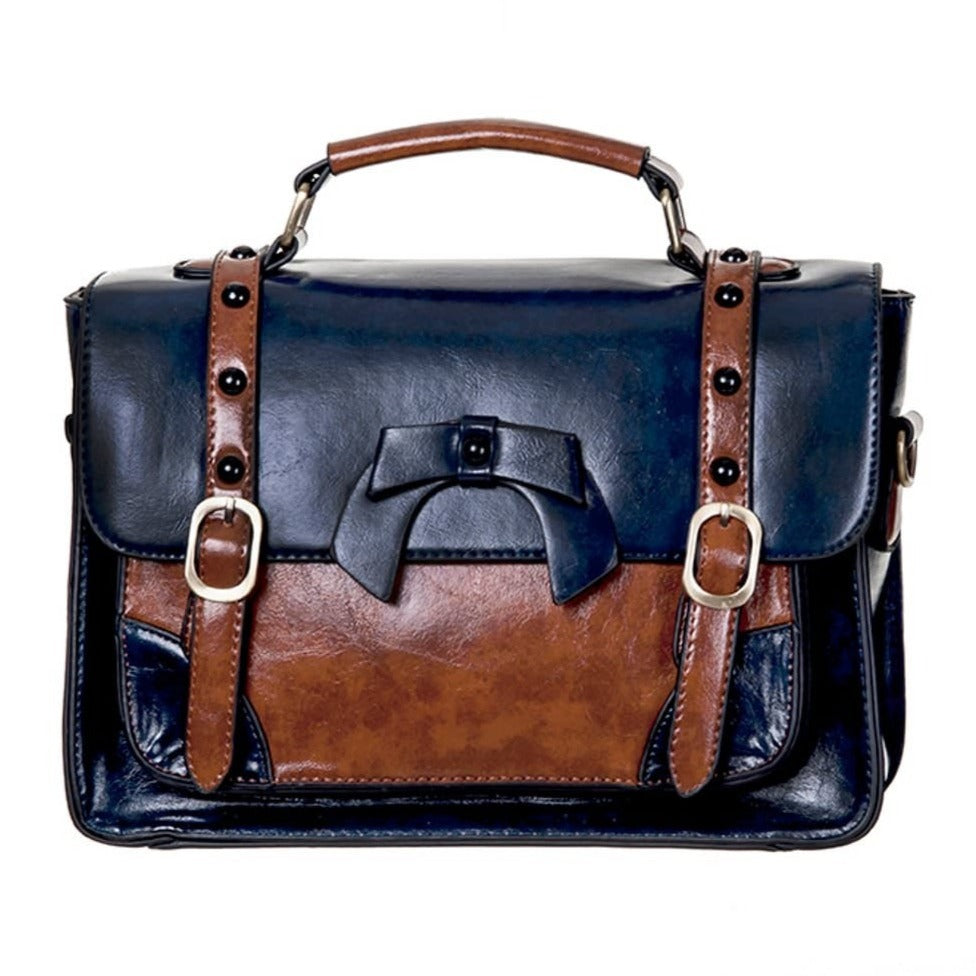 Blue Tan Buckle And Bow Vintage Inspired Handbag