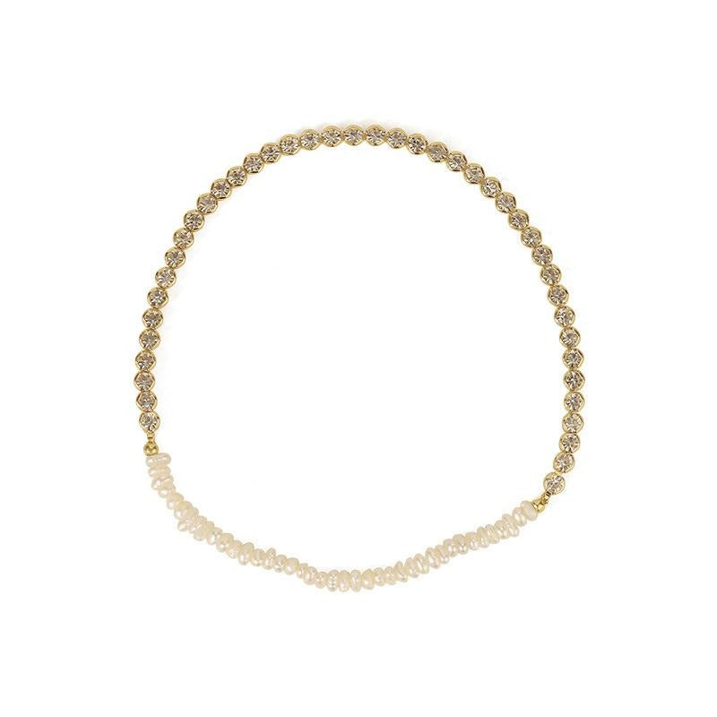 Freshwater Pearl And CZ Gold Plated Stretch Bracelet