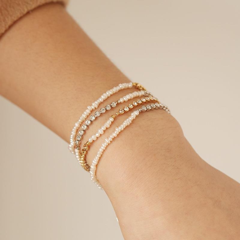 Freshwater Pearl And CZ Gold Plated Stretch Bracelet