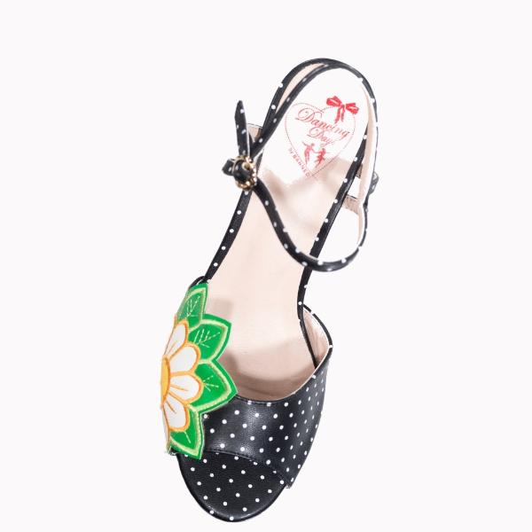 Black Polka Dot Floral Embroidered Open Toe Sandals - Pretty Kitty Fashion