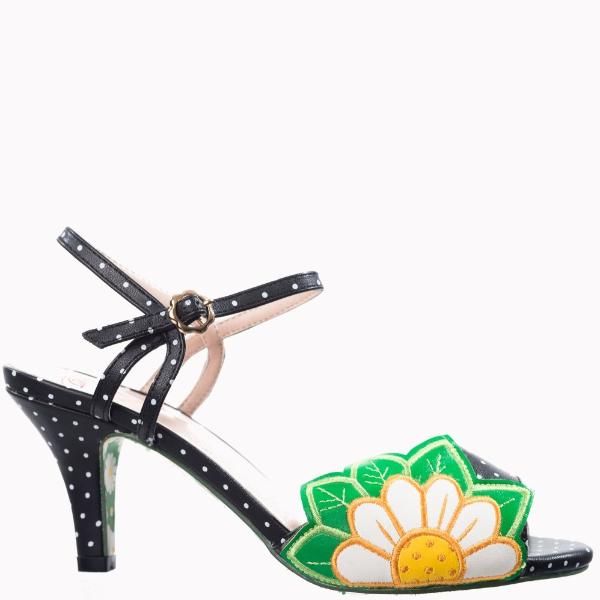 Black Polka Dot Floral Embroidered Open Toe Sandals - Pretty Kitty Fashion