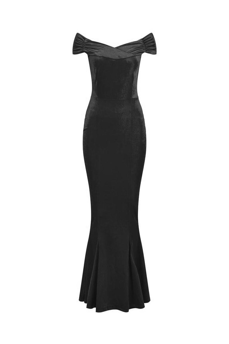 Black Cap Sleeve Crossover Bust Fishtail Hem Velour Maxi Dress - Pretty Kitty Fashion