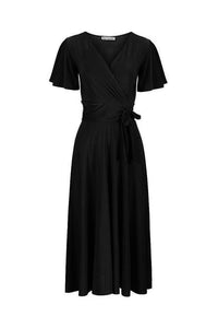 Black Cap Sleeve Crossover V Neck Wrap Top Swing Dress - Pretty Kitty Fashion