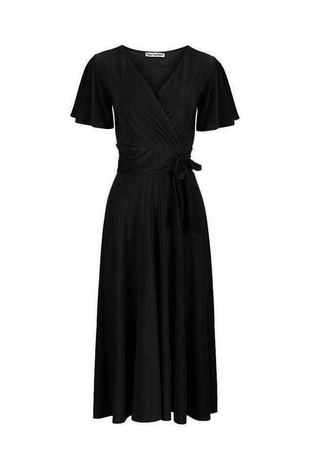 Black Cap Sleeve Crossover V Neck Wrap Top Swing Dress - Pretty Kitty Fashion