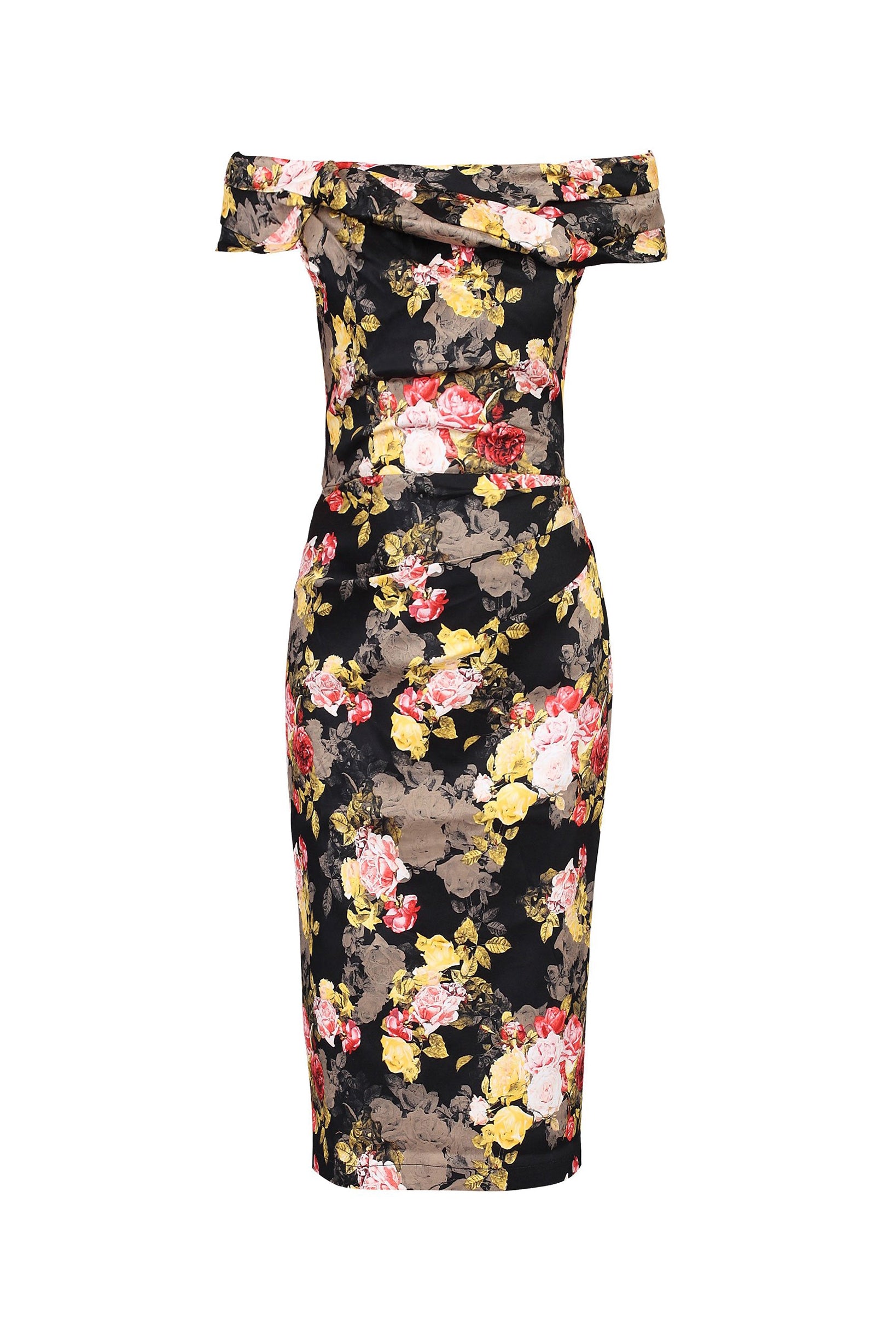 Black Floral Print Bardot Off The Shoulder Neckline Wiggle Pencil Dress - Pretty Kitty Fashion