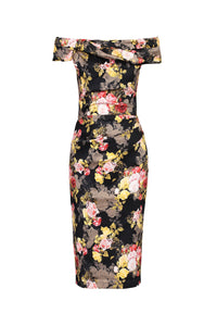 Black Floral Print Bardot Off The Shoulder Neckline Wiggle Pencil Dress - Pretty Kitty Fashion
