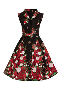 Black Floral Print Sleeveless Front Button Collared 50s Swing Dress - Pretty Kitty Fashion