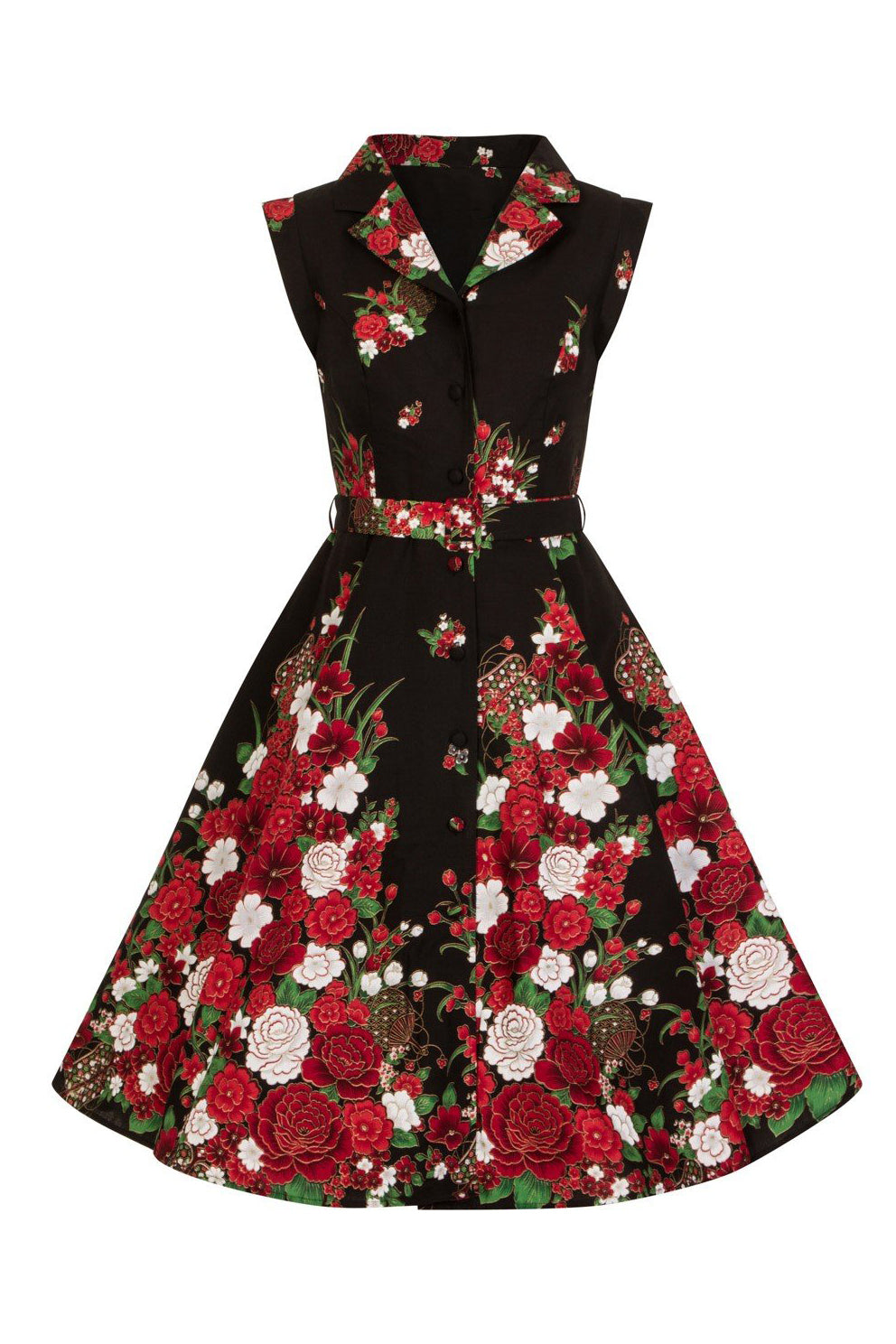 Black Floral Print Sleeveless Front Button Collared 50s Swing Dress - Pretty Kitty Fashion