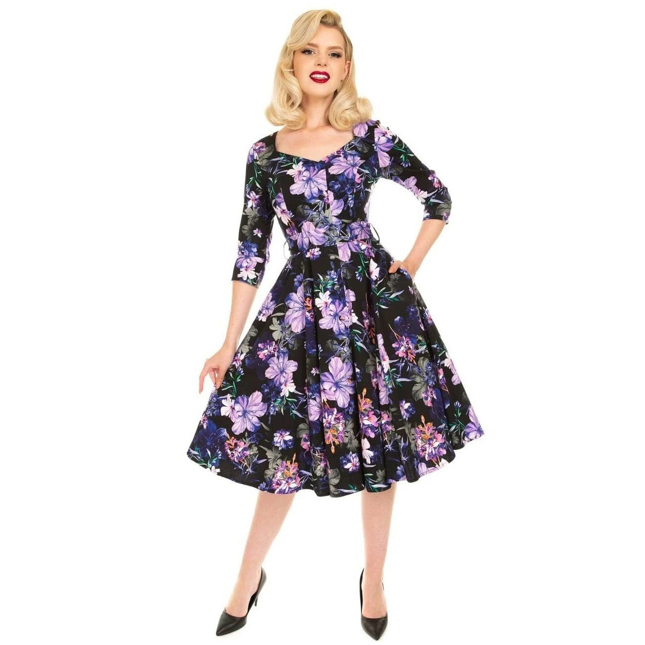 Black & Purple Floral Print 3/4 Sleeve 50s Swing Tea Dress