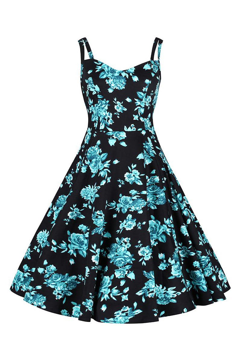 Black and Blue Floral Print Rockabilly 50s Swing Dress Pretty Kitty Fashion Black and Blue Floral Print Rockabilly 50s Swing Dress Pretty Kitty Fashion