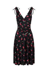 Black and Red Cherry Print Crossover Top Grecian V Neck 50s Swing Dress - Pretty Kitty Fashion