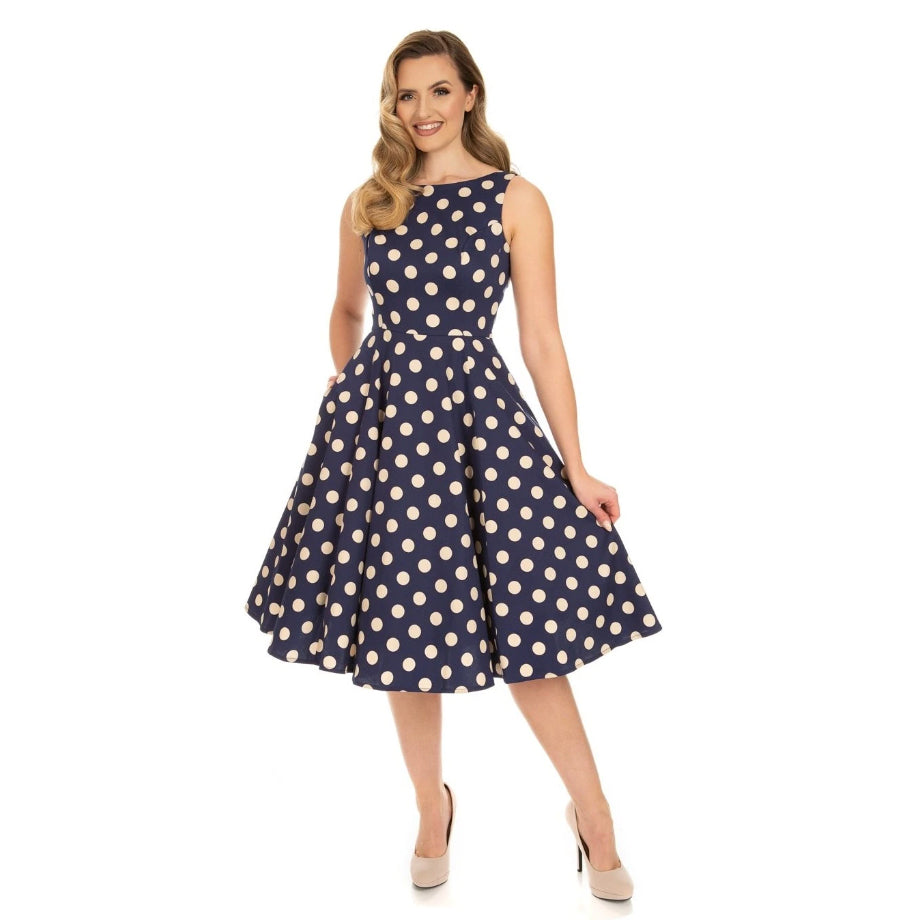 Blue & Cream Polka Dot Audrey Style Rockabilly 50s Swing Dress