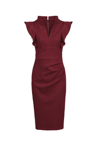 Burgundy Red Ruffle Shoulder Bodycon Pencil Dress - Pretty Kitty Fashion
