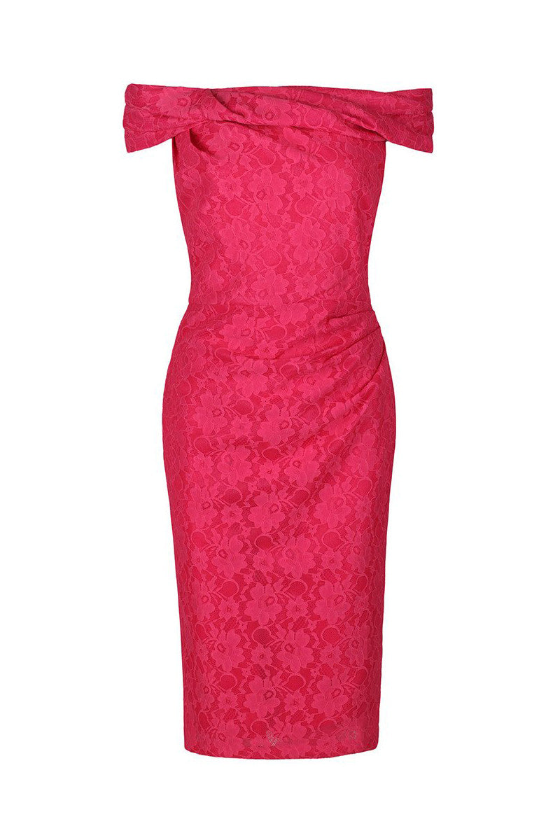Cerise Pink Lace Bardot Wiggle Pencil Dress Pretty Kitty Fashion