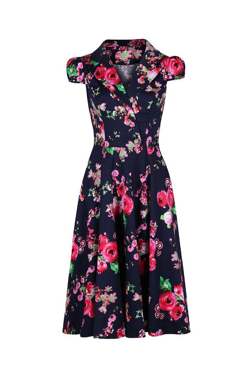 Navy and pink floral shop tea dress