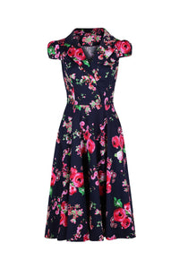 Classic Navy Blue and Floral Print Pin Up 50s Swing Tea Dress - Pretty Kitty Fashion