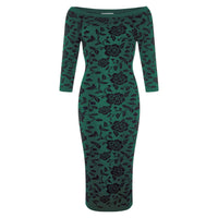 Collectif Green 3/4 Sleeve Brocade Knitted Pencil Wiggle Dress - Pretty Kitty Fashion