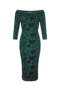 Collectif Green 3/4 Sleeve Brocade Knitted Pencil Wiggle Dress - Pretty Kitty Fashion