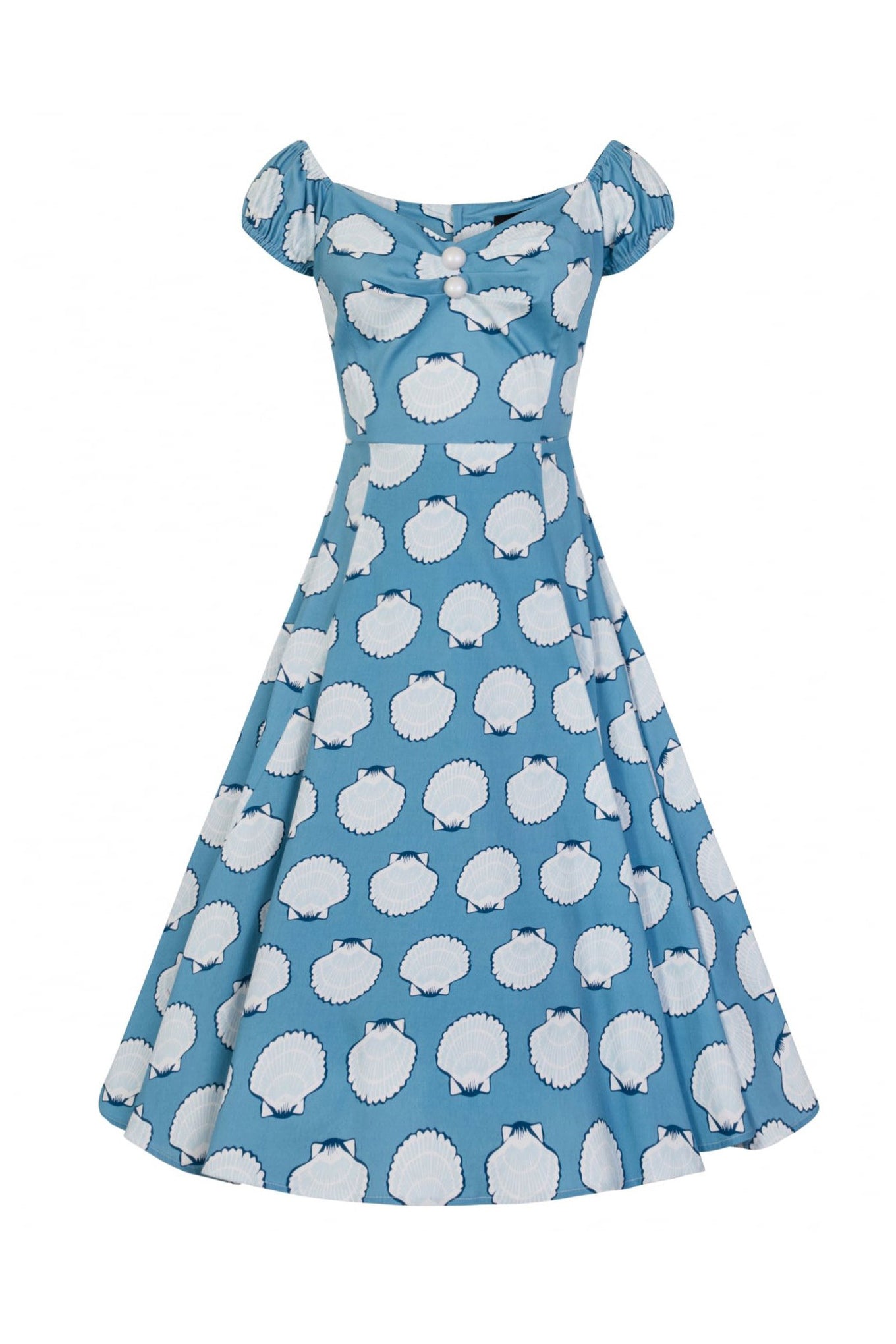 Collectif Sky Blue Seashell Print Sweetheart Neckline 50s Swing Dress - Pretty Kitty Fashion