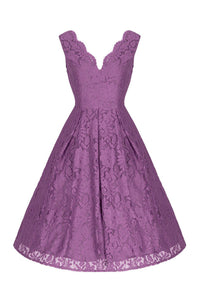 Jolie Moi Dark Mauve Purple Embroidered Lace Sleeveless V Neck 50s Swing Dress - Pretty Kitty Fashion