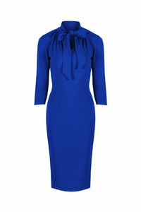Royal Blue 3/4 Sleeve Tie Neck Bodycon Pencil Dress - Pretty Kitty Fashion