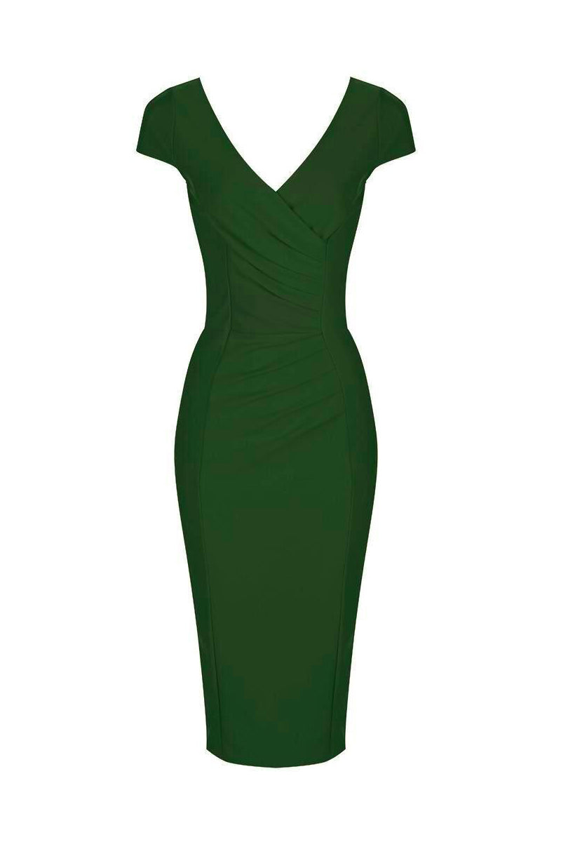 Emerald Green Cap Sleeve Crossover Top Bodycon Wiggle Pencil Dress Pretty Kitty Fashion