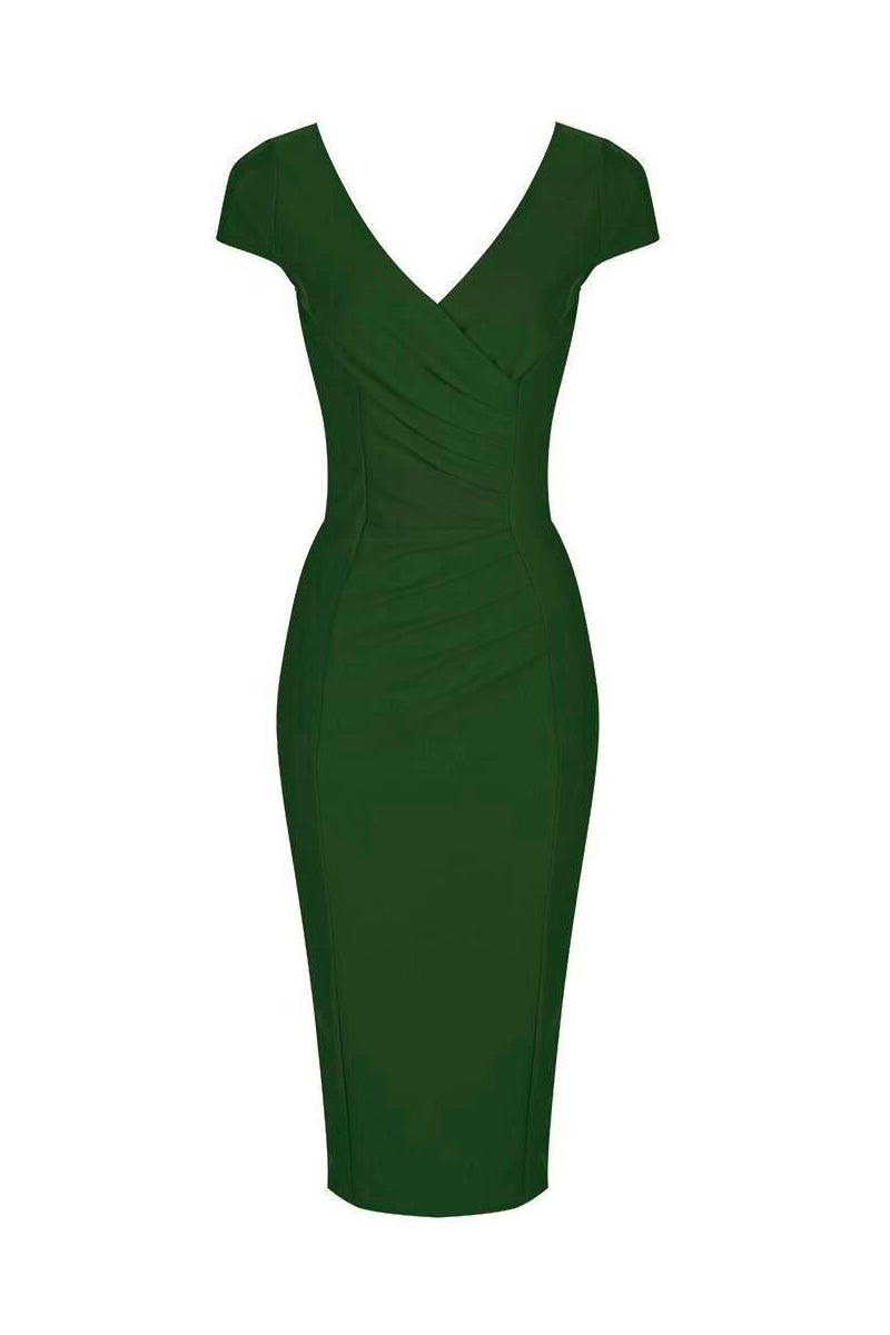 Emerald Green Cap Sleeve Crossover Top Bodycon Wiggle Pencil Dress - Pretty Kitty Fashion