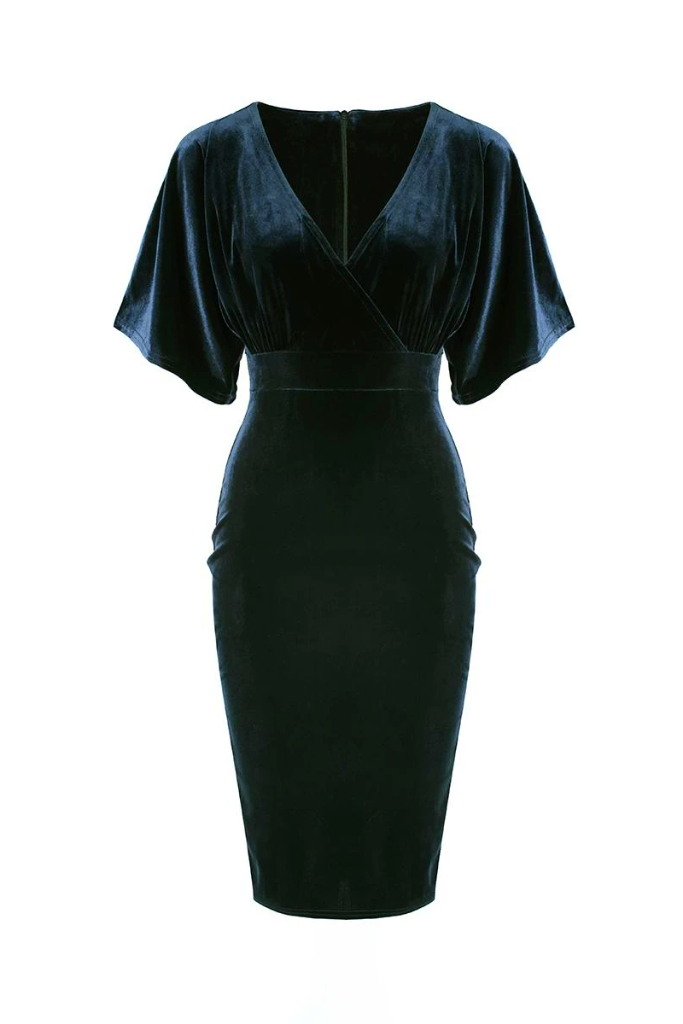 Emerald Green Velour Half Batwing Sleeve Crossover Top Wiggle Dress - Pretty Kitty Fashion