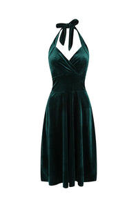 Emerald Green Velour Halterneck Empire Waist 50s Swing Dress - Pretty Kitty Fashion