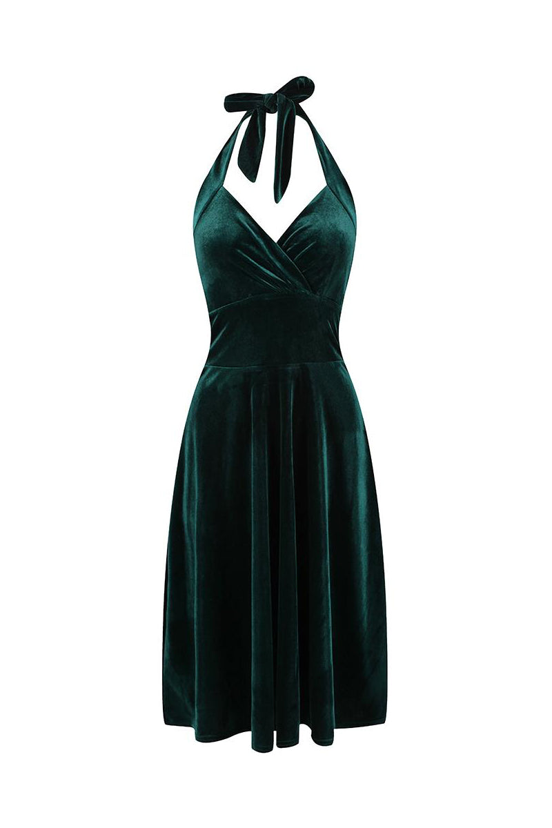 Emerald Green Velour Halterneck Empire Waist 50s Swing Dress - Pretty Kitty Fashion