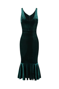 Emerald Green Velour Sleeveless Peplum Hem V Neck Wiggle Dress - Pretty Kitty Fashion