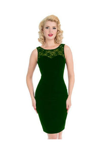 Emerald Green Velour and Lace Trim Sleeveless Wiggle Pencil Dress - Pretty Kitty Fashion