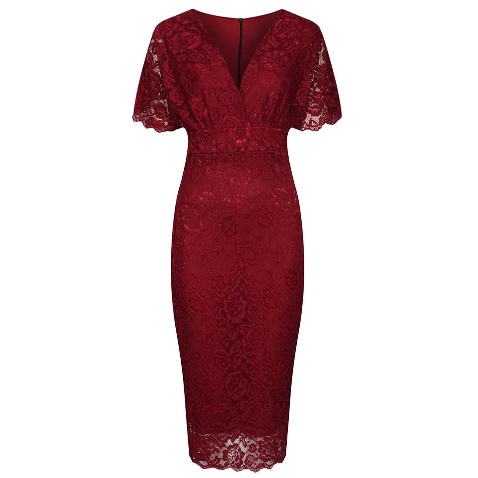 Wine Red Vintage Capped Sleeve Rose Lace Pencil Wiggle Dress - Pretty Kitty Fashion