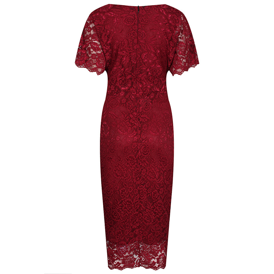 Wine Red Vintage Capped Sleeve Rose Lace Pencil Wiggle Dress - Pretty Kitty Fashion