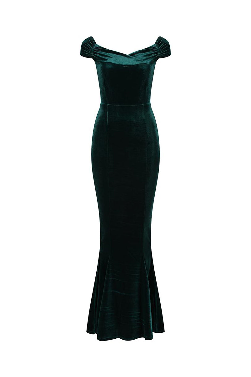 Green Cap Sleeve Crossover Bust Fishtail Hem Velour Maxi Dress - Pretty Kitty Fashion