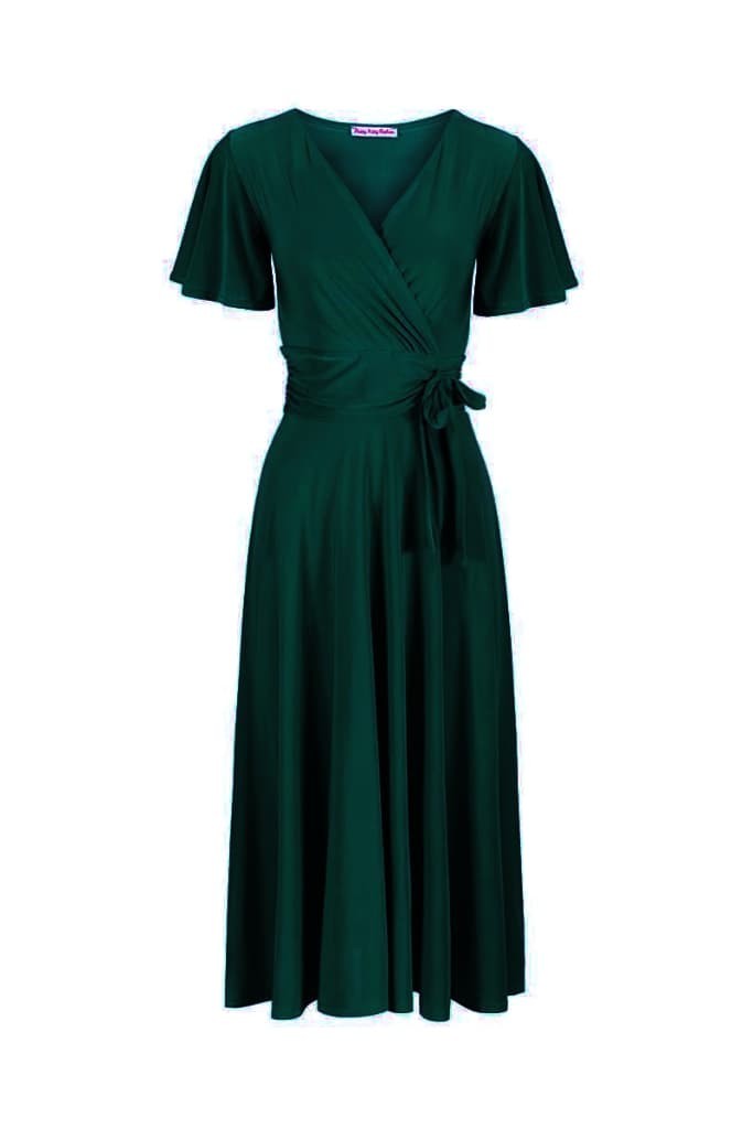 Green Cap Sleeve Crossover V Neck Wrap Top Swing Dress - Pretty Kitty Fashion