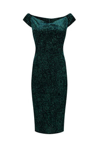 Green Vintage Animal Print Velvet Capped Sleeve Wiggle Dress - Pretty Kitty Fashion
