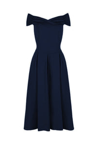 Navy Blue Crossover Vintage Bardot 50s Swing Dress - Pretty Kitty Fashion