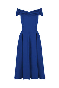 Royal Blue Crossover Vintage Bardot 50s Swing Dress - Pretty Kitty Fashion