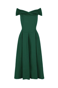 Emerald Green Crossover Bardot 50s Swing Dress - Pretty Kitty Fashion