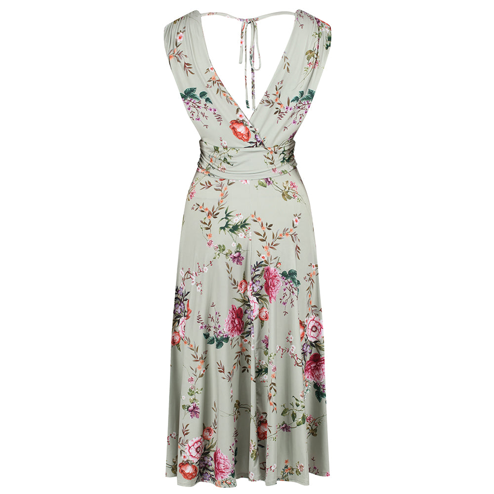 Sage Green Floral V Neck Crossover Top Empire Waist Swing Dress - Pretty Kitty Fashion