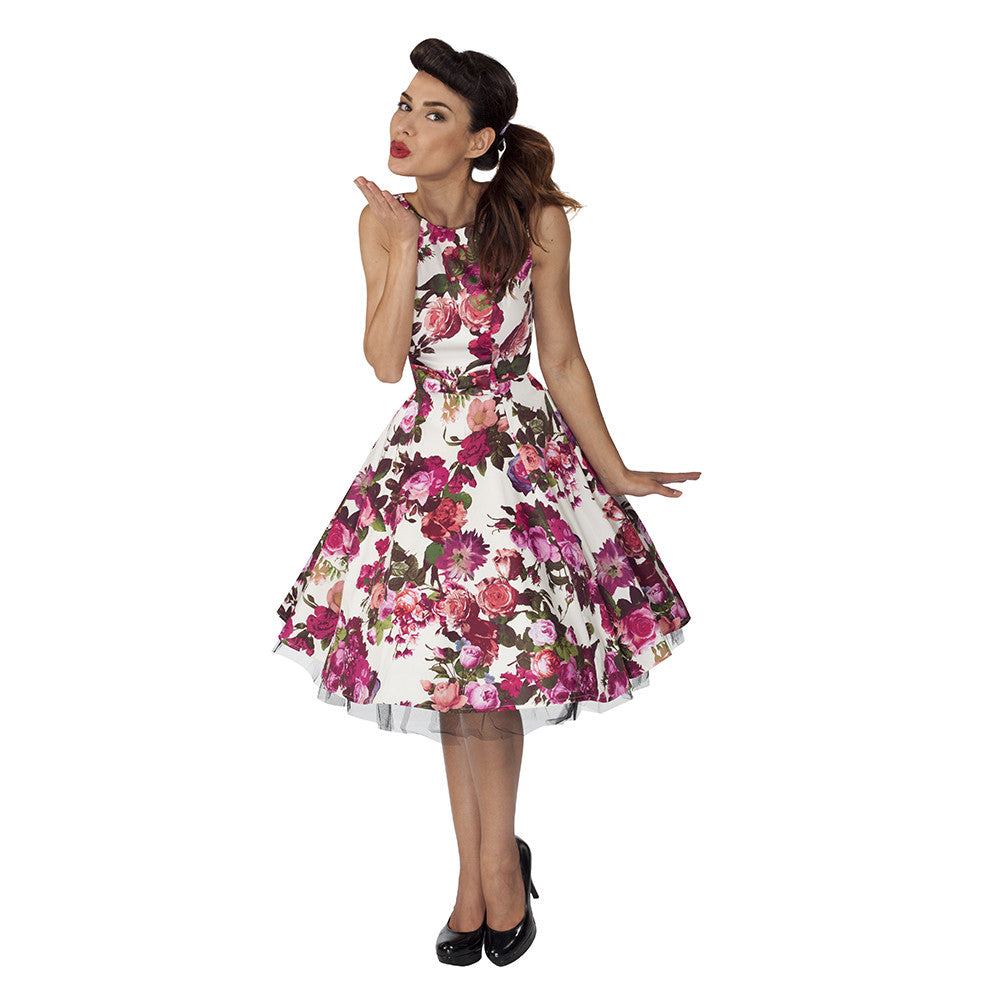 Cream White and Pink Floral Audrey 50s Swing Dress - Pretty Kitty Fashion